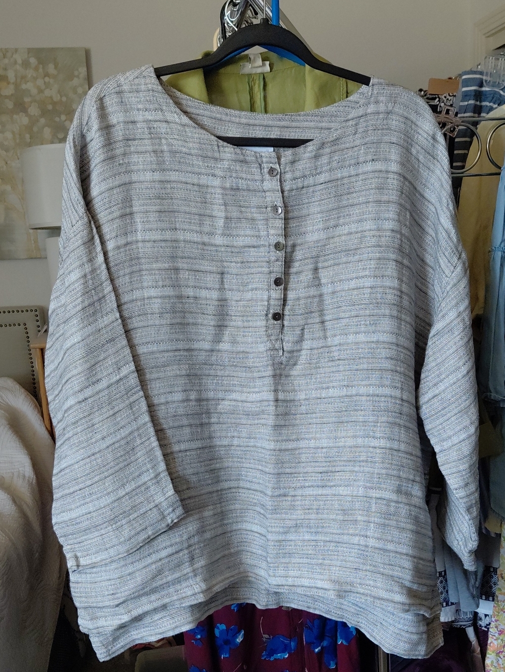 J. Jill Linen Light Gray Striped Henley Blouse L
